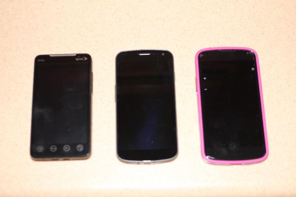 Left: HTC EVO 4G; Middle: Galaxy Nexus, Right: Nexus 4